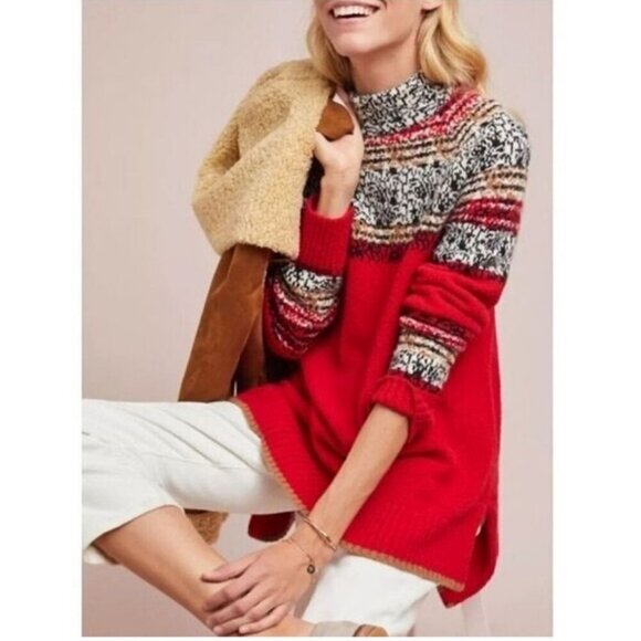 Anthropologie Moth Red Black Cowl Turtleneck Nordic Sweater Women’s Size Large - Picture 1 of 8